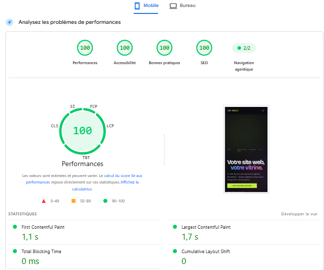 Rapport PageSpeed Insights mobile d'or-web.fr après optimisation : 100/100 en Performances, Accessibilité, Bonnes pratiques et SEO, FCP 1,1 s, LCP 1,7 s, TBT 0 ms, CLS 0.