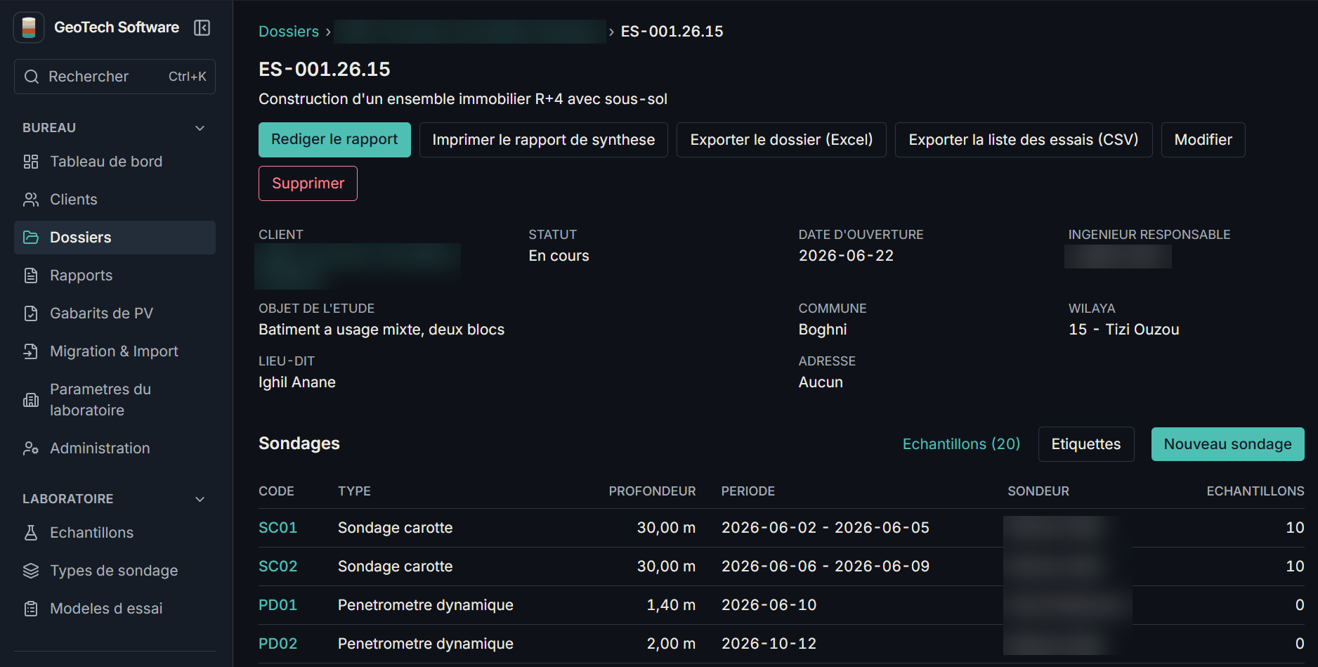 GeoTech Software — Fiche dossier et sondages